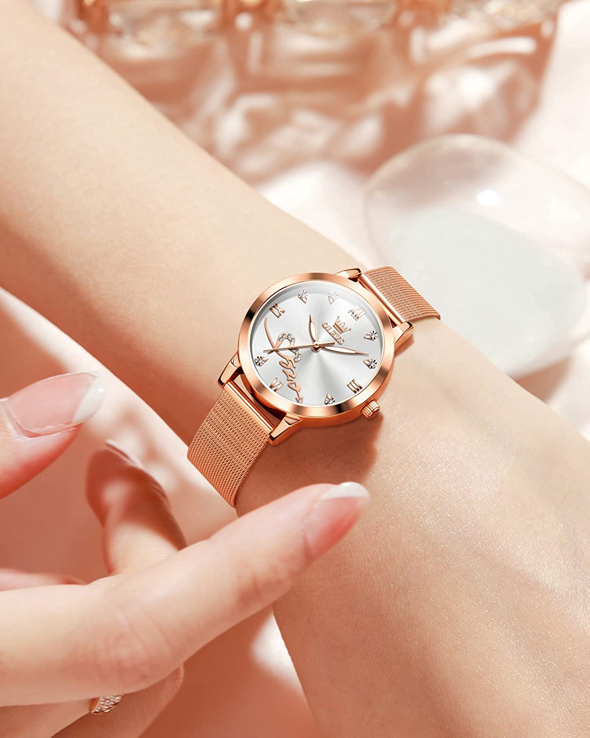 OLEVS Women's Rose Gold Watches Heart Diamond Japanese Quartz Movement Girls Ladies Wristwatch Big Face Waterproof Mesh Belt Watch and Bracelet Set Valentines Day Gifts - Image 3